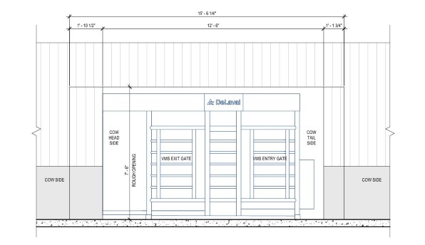 Illustration 2. Vue en élévation du côté vache indiquant l'ouverture dans la Salle de VMS Illustration 2. Vue en élévation du côté vache indiquant l'ouverture dans la Salle de VMS